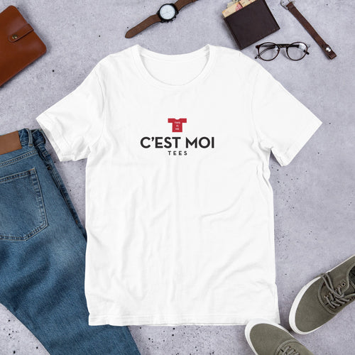 white t-shirt with C’est Moi Tees logo in red and black